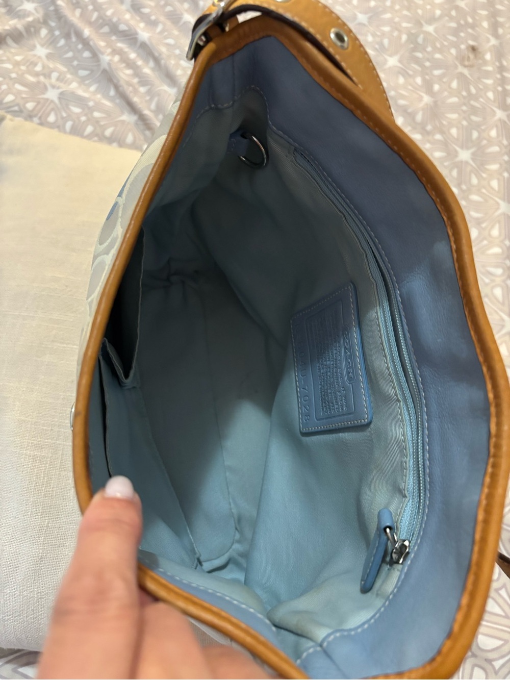 Coach Light Blue & White Signature Shoulder Bag with Tan Trim - Picture 7 of 9